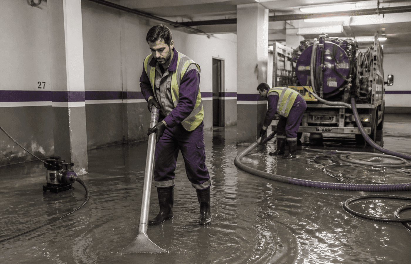Técnicos con botas de seguridad realizan achique de agua en un garaje inundado con bombas y mangueras en Alicante