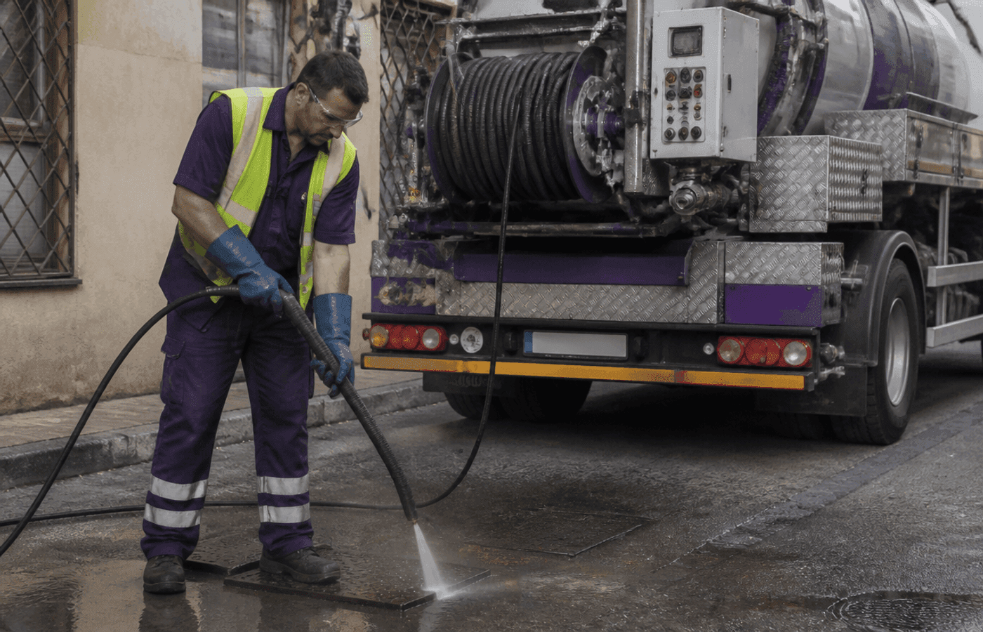 Técnico realiza desatasco en la zona de lavado de una cocina de hostelería con equipo de alta presión
