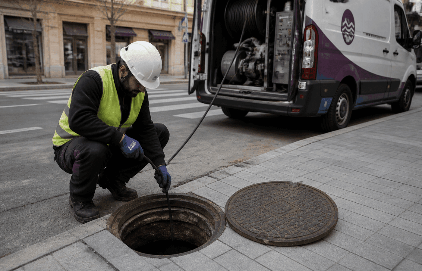 Técnico con casco y guantes abre una arqueta de saneamiento en una acera residencial de Alicante para su revisión