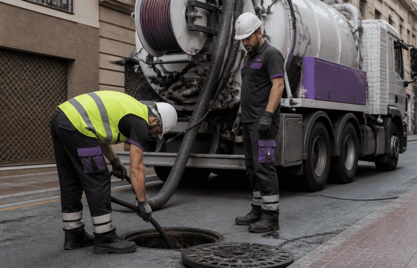Equipo de limpieza de alcantarillado con señalización trabaja en un recinto de uso público en Alicante