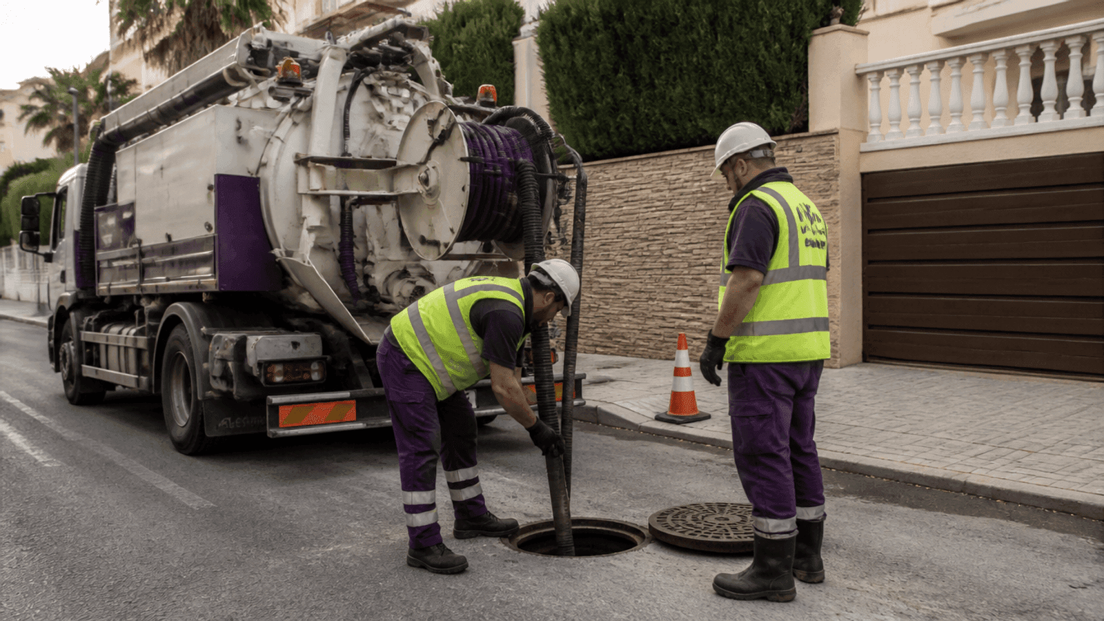 Técnico con EPI prepara equipo de alta presión junto a vehículo de desatascos en una calle de Alicante de noche