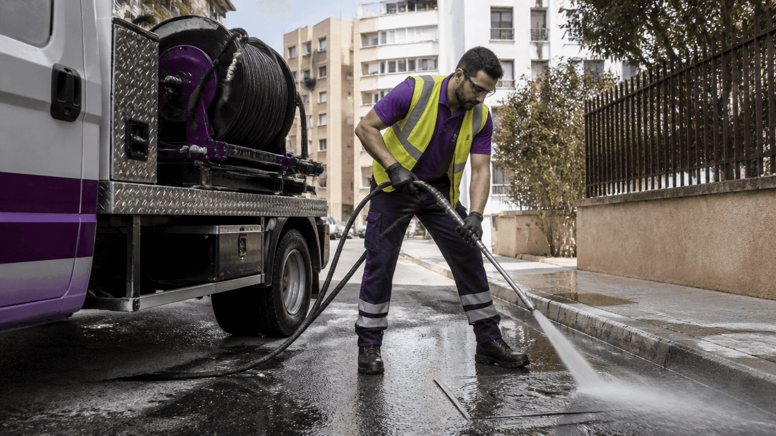Técnico con EPI utilizando manguera de alta presión en una urgencia de desatascos en Alicante