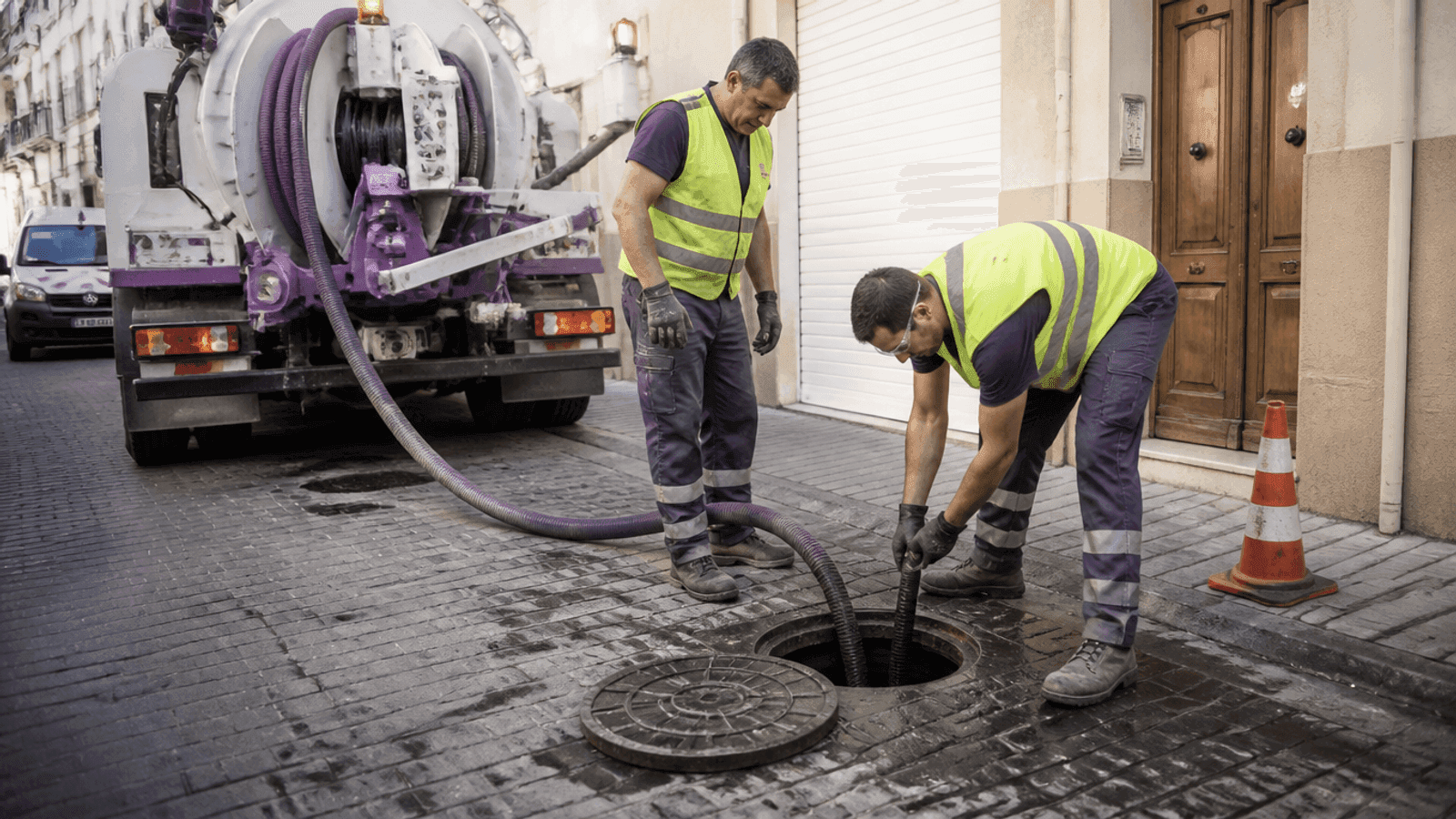 Aspiración de agua y lodos desde una arqueta abierta conectada a camión en una calle de Alicante